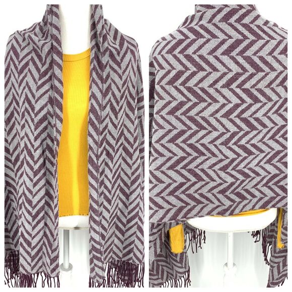 Charming Charlie Plum & Gray Chevron Knit Fringe Wrap, One Size - Picture 1 of 8